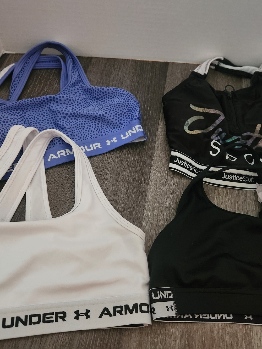 Under Armour And Justice White & Black Logo Sports Bra Duo (with Purple Top) Lar